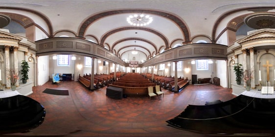So sieht die 360-Grad-Kamera die Ev. Erlöserkirche. Auf unserer Website können sich Besucher im Bild "bewegen".