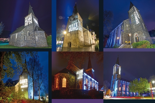 Die Collage von einigen Illuminationen Impressionen aus Ohle, Plettenberg, Rahmede, Rönsahl, Schalksmühle und Werdohl (von oben links nach unten rechts) gibt einen Vorgeschmack auf die unterschiedlichen Präsentationen der Kirchen im ERLEUCHTET-Bildband (Grafik: EKKLP & Drescher Design)