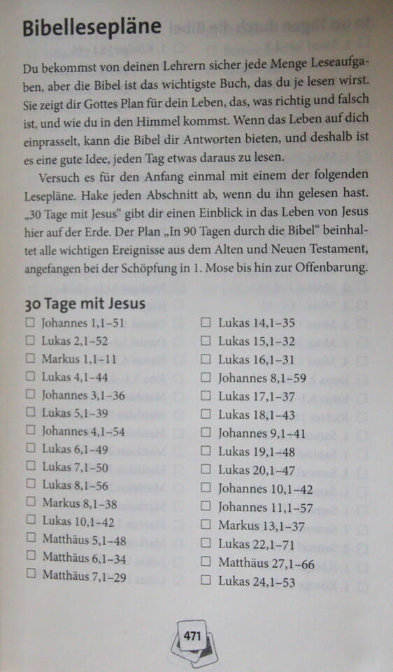 Dem Buch sind Bibellesepläne beigefügt. Der Leseplan „30 Tage mit Jesus“ gibt Einblick in das Leben Jesu (Foto: Salzmann)