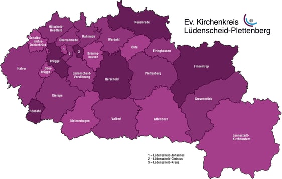 Aktuell besteht der Evangelische Kirchenkreis Lüdenscheid-Plettenberg aus 26 Kirchengemeinden. Ab dem 1. Januar 2020 könnte sich das nach den derzeitigen Planungen ändern. Dann sollen die Ev. Kirchengemeinden Attendorn, Finnentrop, Grevenbrück und Lennestadt-Kirchhundem zu einer neuen Kirchengemeinde vereinigt werden (Grafik: EKKLP