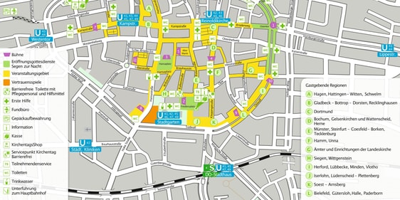Die vielfältigen Angebote der Region Lüdenscheid-Plettenberg-Iserlohn am ‚Abend der Begegnung‘ befinden sich in der Dortmunder Innenstadt, südlich des Friedensplatzes am Südwall - hier als Bereich „J“ gekennzeichnet. Hier kann man auch an dem Sauerland-Gewinnspiel teilnehmen (Grafik: DEKT)