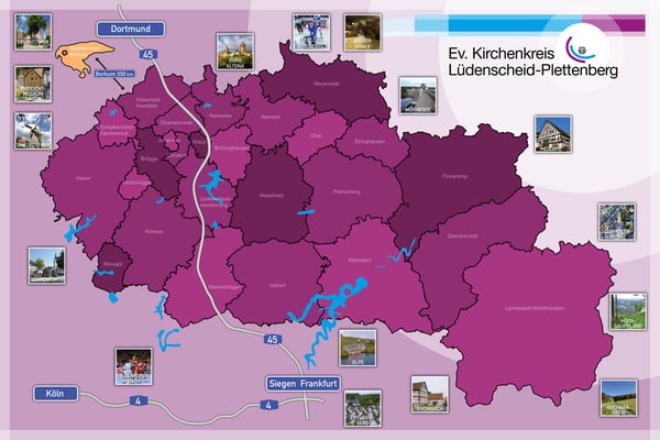 Auf der großen Karte des Kirchenkreises mussten die Teilnehmer des ‚Sauerland-Gewinnspiels‘ Sehenswürdigkeiten aus der Region ihrem Standort nach richtig zuordnen (Grafik: EKKLP)