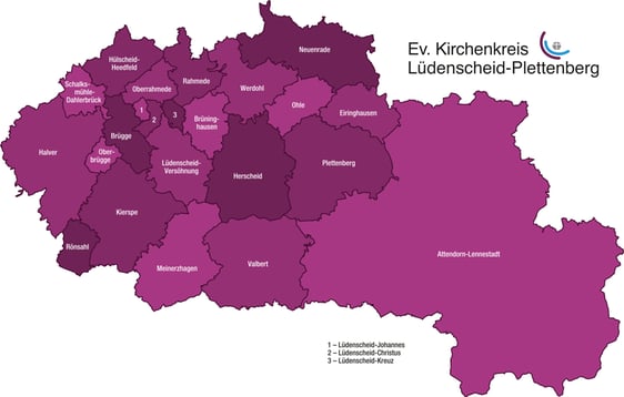 Der Evangelische Kirchenkreis Lüdenscheid-Plettenberg besteht aus 23 Kirchengemeinden. In Zukunft sollen benachbarte Gemeinden in insgesamt sechs Kooperationsräume zusammen agieren und sich unterstützen. Die Kirchengemeinden selbst bleiben aber weiterhin eigenständig (Grafik: EKKLP)