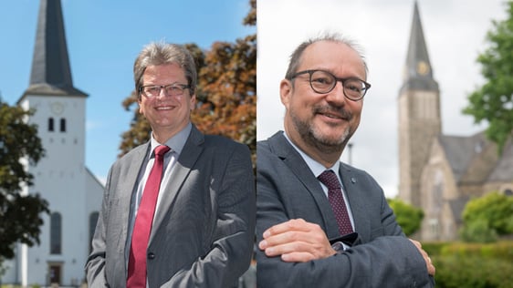 Dr. Christof Grote aus Attendorn (rechts) und Martin Pogorzelski aus Halver (links) stellen sich am 25. September bei der Kreissynode des Ev. Kirchenkreises Lüdenscheid-Plettenberg für das im Amt des Superintendenten zur Wahl (Fotos: Büdenbender / Collage: EKKLP)