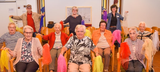 Gruppenbild bei einer Sitztanz-Übung im Liborius-Seniorenhaus. In der Bildmitte hinten Renate Biecker-Klaas, links Walter Müller vom Seniorenrat. (Foto: Guido Raith)