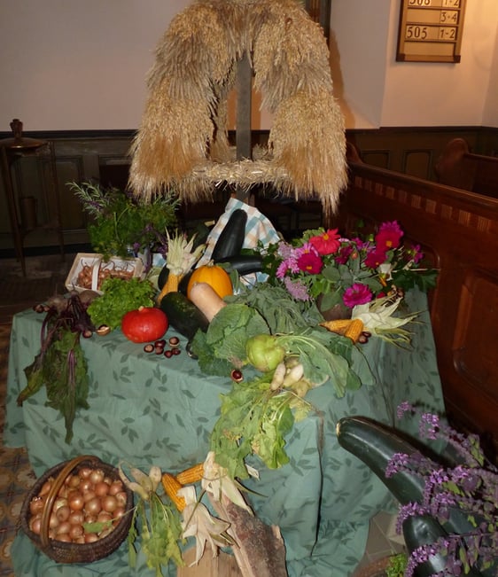Ideenreich, farbenfroh und mit viel Liebe zum Detail gestaltet waren die zahlreichen Gaben unter der Erntekrone in der Servatiuskirche. (Foto: Rainer Crummenerl)