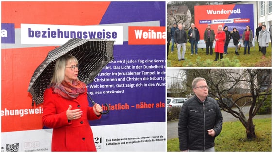 Iris Jänicke und Achim Riggert erläuterten vor der Plakatwand die Verbindungen zwischen Judentum und Christentum. (Fotos/Collage: Wolfgang Teipel)